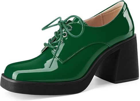 Oh Mispares Women's Chunky Heeled Oxfords Square Toe Platform Oxford Shoes for Women Lace-up Patent Leather Shoes Comfortable Business Dress Pump Shoes for Work in Kuwait