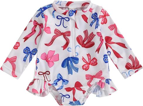 Dcohmch Baby Girl Rash Guard Swimsuit Long Sleeve Bow/Fruit Print Bathing Suit Infant Toddler Swimwear with Headband in Saudi Arabia