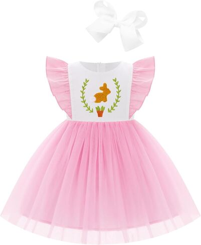 IBTOM CASTLE Toddler Baby Girls Easter Dress Flutter Sleeve Embroidered Bunny Tulle Tutu Dress+Hair Bow Photoshoot Outfit in Saudi Arabia