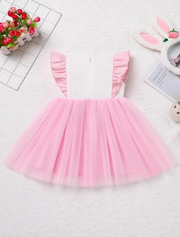 IBTOM CASTLE Toddler Baby Girls Easter Dress Flutter Sleeve Embroidered Bunny Tulle Tutu Dress+Hair Bow Photoshoot Outfit in Saudi Arabia