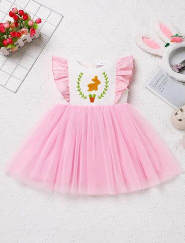 IBTOM CASTLE Toddler Baby Girls Easter Dress Flutter Sleeve Embroidered Bunny Tulle Tutu Dress+Hair Bow Photoshoot Outfit in Saudi Arabia
