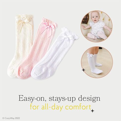CozyWay Baby & Toddler Knee High Bow Socks For Girls - Multi Color - 3 Pack in Kuwait