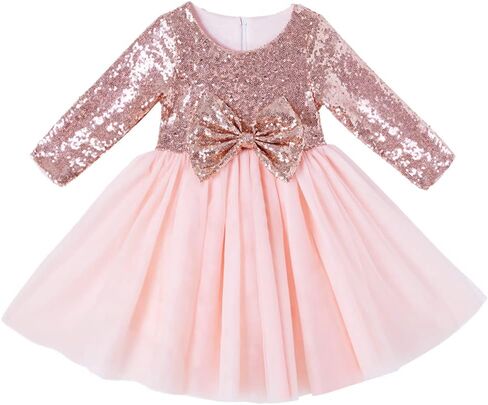 Cilucu Flower Girl Dresses Toddlers Sequin Party Dress Tutu Prom Cocktail Gown with Long Sleeve Rose Gold/Offwhite in Saudi Arabia