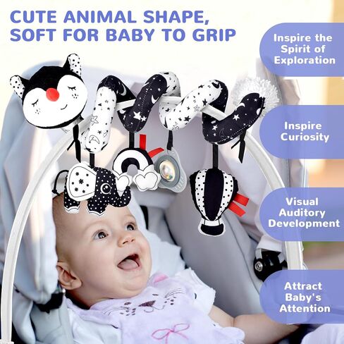 Car Seat Toys for Babies 0-6 Months Boy Girl Carseat Toys Hanging, Infant Toys Baby Toys 0-6 Months Stroller Toys Newborn Toys, Spiral Crib Hanging Toys with Cow Mirror, Sloth Teether, Sheep Rattle in Saudi Arabia