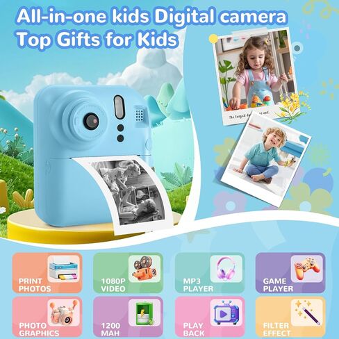 Kids Camera Instant Print,Toys for Gifts Ages 3-12 Boys Girls Christmas Birthday,Selfie Digital Camera with 1080P Videos with 32GB Card,Toddler Portable Travel Camera in Saudi Arabia