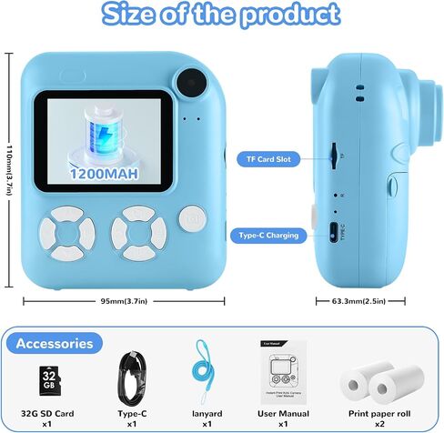 Kids Camera Instant Print,Toys for Gifts Ages 3-12 Boys Girls Christmas Birthday,Selfie Digital Camera with 1080P Videos with 32GB Card,Toddler Portable Travel Camera in Saudi Arabia