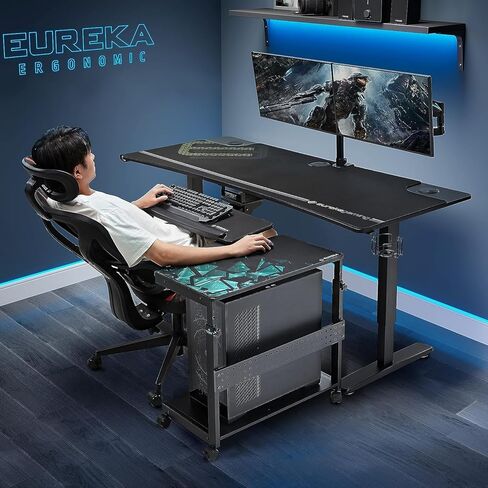مكتب ألعاب EUREKA ERGONOMIC بارتفاع 65 بوصة كهربائي قابل للتعديل، مكتب كمبيوتر كبير للألعاب مع أضواء LED RGB وحصيرة ماوس ألعاب ممتدة للألعاب والمكتب المنزلي، أسود in Saudi Arabia