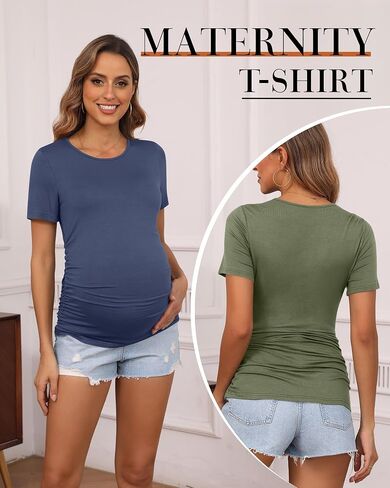 Riyiper 5 Pack Women's Maternity Shirts, Short Sleeve Cotton Pregnancy Tops Side Ruched Crew Neck Tshirts Casual Mama Clothes in Saudi Arabia