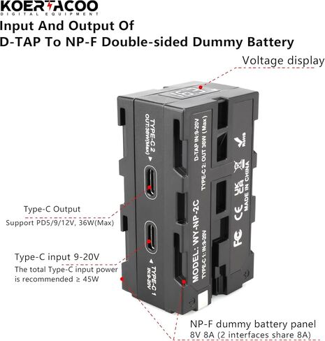 D-tap to NP-F550/970 Series Double-Sided Dummy Battery + Voltage Display and Type-C(USB-C) Input/Output for Atomos Ninja/Shinobi Monitors,for DJI SDR Video Transmitter,LED Lights, etc. in Kuwait