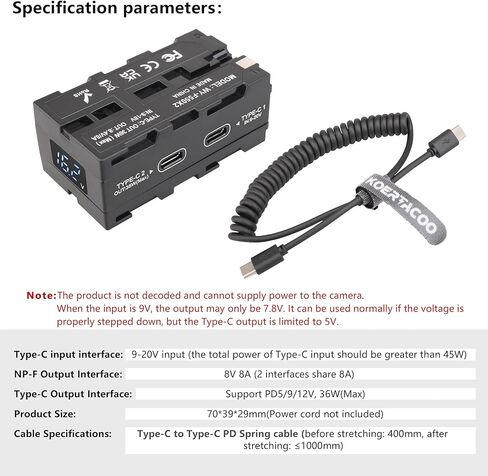 D-tap to NP-F550/970 Series Double-Sided Dummy Battery + Voltage Display and Type-C(USB-C) Input/Output for Atomos Ninja/Shinobi Monitors,for DJI SDR Video Transmitter,LED Lights, etc. in Kuwait