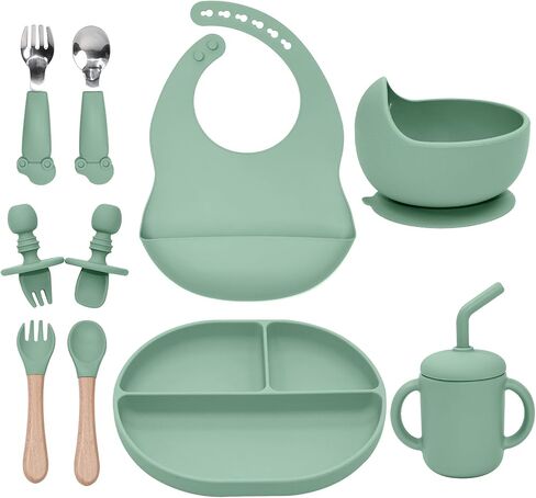 Silicone Baby Feeding Set, 10PCS Baby Led Weaning Supplies with Suction Bowl and Divided Plate, Bib Baby Cup Spoons Forks -Baby Feeding Essentials for 6+ Months in Saudi Arabia