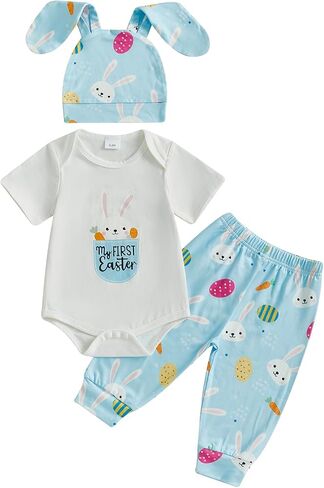 FYBITBO Newborn Boy Easter Clothes My 1st Easter Baby Boy Outfits Bunny Romper Onesie Pants Hat Infant Boy Clothing Sets in Kuwait