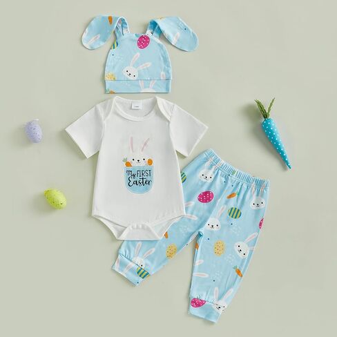 FYBITBO Newborn Boy Easter Clothes My 1st Easter Baby Boy Outfits Bunny Romper Onesie Pants Hat Infant Boy Clothing Sets in Kuwait
