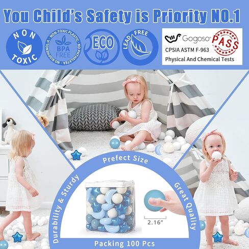 GOGOSO Ball Pit Balls Stars Moon Shapes Plastic Pitballs for Toddler Play Tent Baby Photo Props Kids Pool Water Toys Kiddie Pool Party Decor, Pearl Blue+Cream Blue+White,100PCS in Saudi Arabia