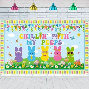 Chillin with My Peeps Backdrop 72''x44'' Large Size Easter Bunny Banner for Happy Easter Bunny Party Supplies Spring Eggs Chicken Party Indoor Outdoor Home Decorations
