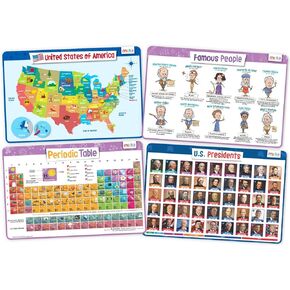 merka placemats for Kids - مجموعة من 4 - قابلة لإعادة الاستخدام ، قابلة للغسل ، مع عودة إلى الظهر غير الانزلاق ، وتعلم الحروف والأرقام والأشكال والألوان - للوجبة المائية ، ووقت اللعب ، والأنشطة الحرفية ، 17 × 11 في