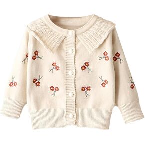 Baby Girl Cardian Peter Pan Collar Knit Floral Embroidery Ribbed Sweater
