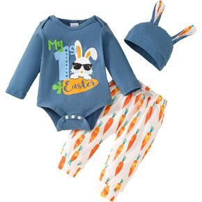 Baby Boy Easter Outfit Bunny Romper+Pants+Hat 3PC My First Easter Clothes 0-18 Months