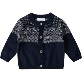 Stellou & friends 100% Cotton Knit Norwegian Jacquard Design Baby Toddler Boys Girls Long Sleeve Cardigan Sweater (Navy, 0-3 Months)