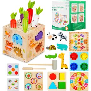 Wooden Activity Cube Montessori Toys for Toddler, 8 in 1 Baby Busy Play Center Learning Toy, Multifunctional Educational Gifts Toy for Kids Birthday Boys Girls