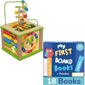 TOYVENTIVE Wooden Activity Cube & Board Books - Bundle for a Boy. Montessori Toys for 1+ Year Old Boy, Multipurpose Educational Sensory Toy for Baby, Toddler