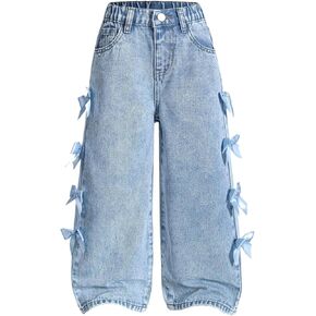 SOLY HUX Toddler Girl's Y2k Jeans Elastic High Waisted Bows Casual Wide Leg Denim Pants