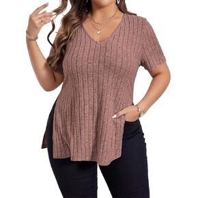 نساء بالإضافة إلى قمم الحجم الجانبي شق مضلعة القمصان قصيرة الأكمام الصيف عارض V- الرقبة tshirts