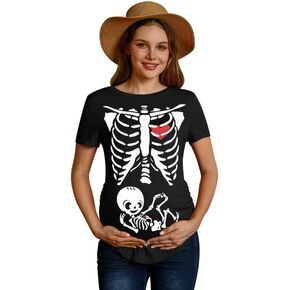 Women's Halloween Pregnancy Graphic Costume Funny Short Sleeve Maternity Shirt Black Skeleton Heart M
