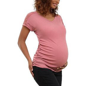 Bhome Maternity Lace Shirts Casual V Neck Tops for Women Trendy Pregnancy Short Sleeve Summer T-Shirts Blouses