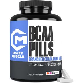 Crazy Muscle 3000mg BCAA Pills (2 Month Supply) with The Optimum 2:1:1 Ratio of Branched Chain Amino Acids for Recovery and Growth - 1000mg BCAAs per Pill (More Than BCAA Capsules) - 240 Tablets