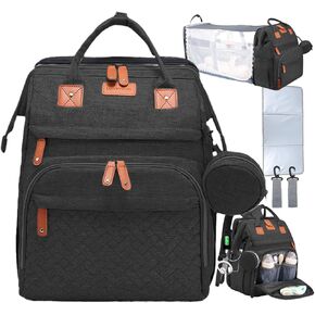 OKAERI. Expandable diaper backpack, outdoor crib, waterproof, multipurpose, safe changing mat, unisex, travel bag, walks, shopping, USB port, portable crib (Black)