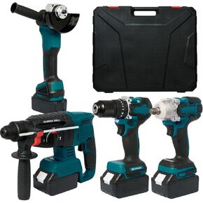 SELFIE CAT Cordless Power Tool Combo Kit, 4 Pieces Power Tool Combo Kits Brushless Machine Set Electric Hammer/Angle Grinder/Impact Wrench/Drill Supplied in 1 Large Carry Case, Electric Tools