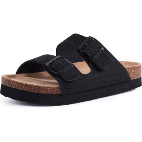 Platform Suede Sandals for Women Soft Cork Footbed Summer Slides with Adjustable Buckle