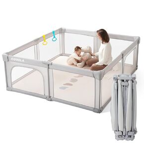 Baby Playpen Portable, Pre-Assembled Play Pen 71x79 Large Foldable Playpen for Babies and Toddlers, Sturdy and Safe Toddler Play Yard Indoor Outdoor with Carry Bag, Light Khaki