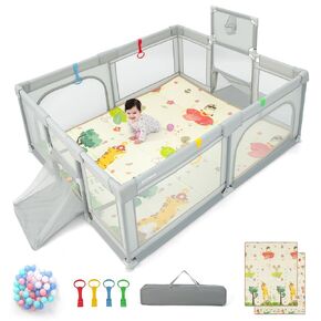 INFANS Baby Playpen, 74" x 62" Extra Large Baby Play Yard with Crawling Mat, 50 Ocean Balls, 4 Pill Up Rings, Basketball Hoop and 2 Football Gates for Toddlers, Indoor Activity Center (Light Gray)