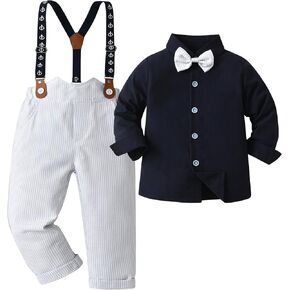 Boarnseorl Baby Boys Pants Sets,Toddler Gentleman Outfits, Infant Long Sleeve Shirt + Pants + Bow Tie + Suspenders