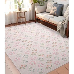 YIHOUSE Pink Floral Washable Area Rug 8'x10'- Large Colorful Living Room Rug Ultra-Thin Non-Slip Area Rug for Bedroom, Nursery Room, Kids Room (Pink, 8x10ft)