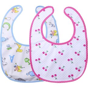 Littleforbig Cotton Waterproof Adult Babydoll Bib with Adjustable Hook-and-Loop Fastener Closure Printed 2 Packs - Zoo Animals and Cherry Adult Bibs