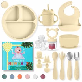 Baby Led Weaning Supplies,Silicone Baby Feeding Set, Baby Gifts,Suction Plate Bowl Set, Self Feeding Utensil Sets, Bib, Cup, Fruit Feeder, First Stage Eating Essentials, 6+ Months（Pink）