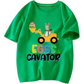 Toddler Easter Shirt Boys Girls Bunny Eggs-cavator Truck Graphic T-Shirt Kids Short Sleeve Cotton Easter Tee Tops 2-7 Years