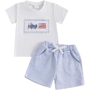 BeQeuewll Baby Boy 4th of july Outfit Short Sleeve Flag T-shirt Plaid Flag Shorts 2Pcs Summer 4th of July Toddler Boy Outfits