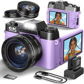 6K Digital Camera for Photography, 64MP Vlogging Camera for YouTube with 3" 180° Flip Screen, 16X Zoom Autofocus Compact Travel Beauty Cameras for Teens, with 32GB TF Card