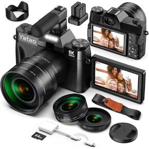 Yatao Digital Camera for Photography and Vlogging, 6K 64MP with Flip Screen, Wide-Angle Lens, Microphone, Card Reader, 64GB TF Card, Compact Photo WiFi Camera for YouTube Travel, Beginners (Black)