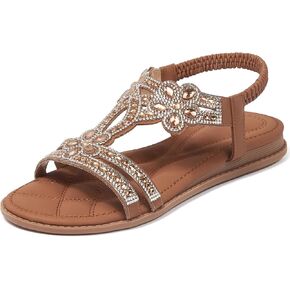 iCKER Women Rhinestone Sandals T-Strap Buckle Bohemian Pearl Crystal Flat Sandals