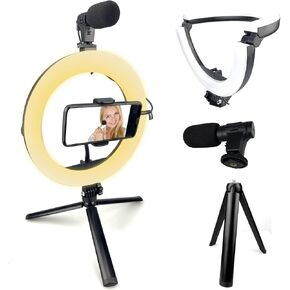 HD Vlogging Kit w/Aluminum Tripod, Collapsible LED Ring Light, Shotgun AUX Mic & Flexible Rotating Phone Holder Mount, for Live Stream, YouTube, Instagram TikTok for iPhone, Android Phones
