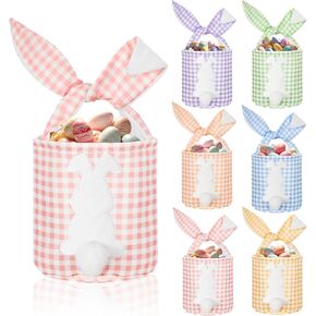 6 PCS Easter Bunny Basking Bags Canvas Easter Eggs Tote Rabbit Bucket مع أذني قابلة للطي حقيبة مطاردة فارغة مع مقبض لوازم الحفلات (لون لطيف ، منقوشة) in Kuwait