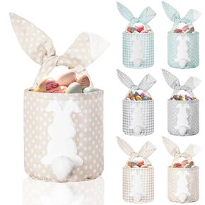 6 Pcs Easter Bunny Basket Bags Canvas Easter Eggs Tote Rabbit Print Bucket with Foldable Ears Empty Hunt Bag with Handle for Party Decorations Supplies(Cute Color,Plaid)