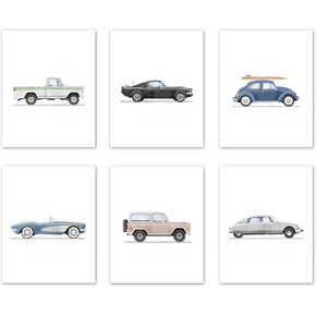 8x10 inch x6 Frame Watercolor Classic Car Art Print Vintage Racing Buggy Canvas Wall Art Boys Bedroom Playroom Decoration Vintage Car Artwork