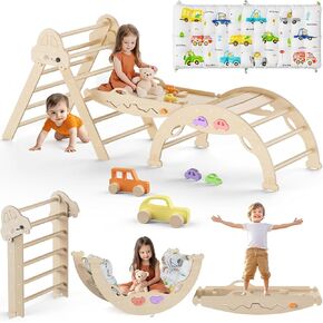 Pikler Triangle Set with Cushion 9 in 1 Foldable Montessori Climbing Toys for Toddlers 1-3 Indoor Wooden Kids Playground Baby Climbing Toys with Maze Toys, Shape Sorter Toys, Car Toys