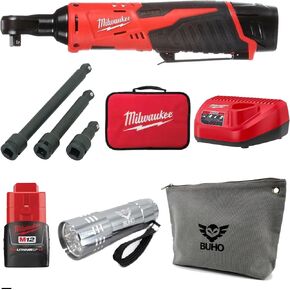 M12 12V Cordless 3/8 in Ratchet Bundle with 1.5Ah Battery Charger, 3-Piece Extension Set, Compatible Milwaukee Zipper Pouch and Flashlight